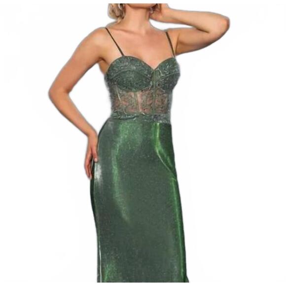 NEW STELLA COUTURE metallic glitter evening gown in green